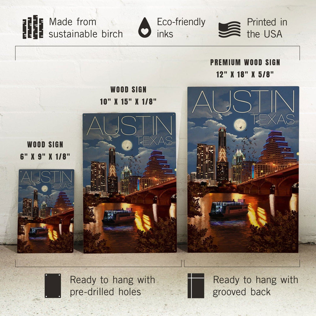 Austin, Texas, Skyline at Night, Lantern Press Artwork, Wood Signs and Postcards Wood Lantern Press 