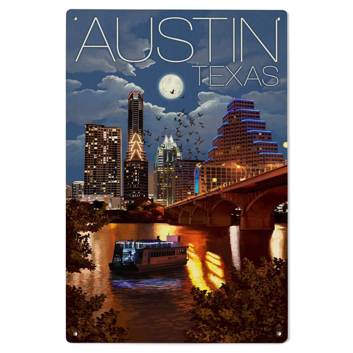 Austin, Texas, Skyline at Night, Lantern Press Artwork, Wood Signs and Postcards Wood Lantern Press 