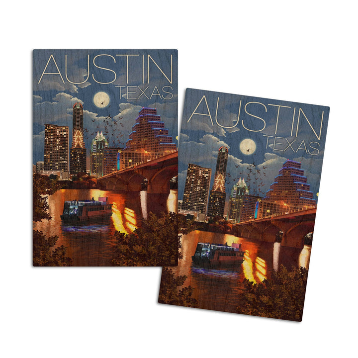 Austin, Texas, Skyline at Night, Lantern Press Artwork, Wood Signs and Postcards Wood Lantern Press 4x6 Wood Postcard Set 