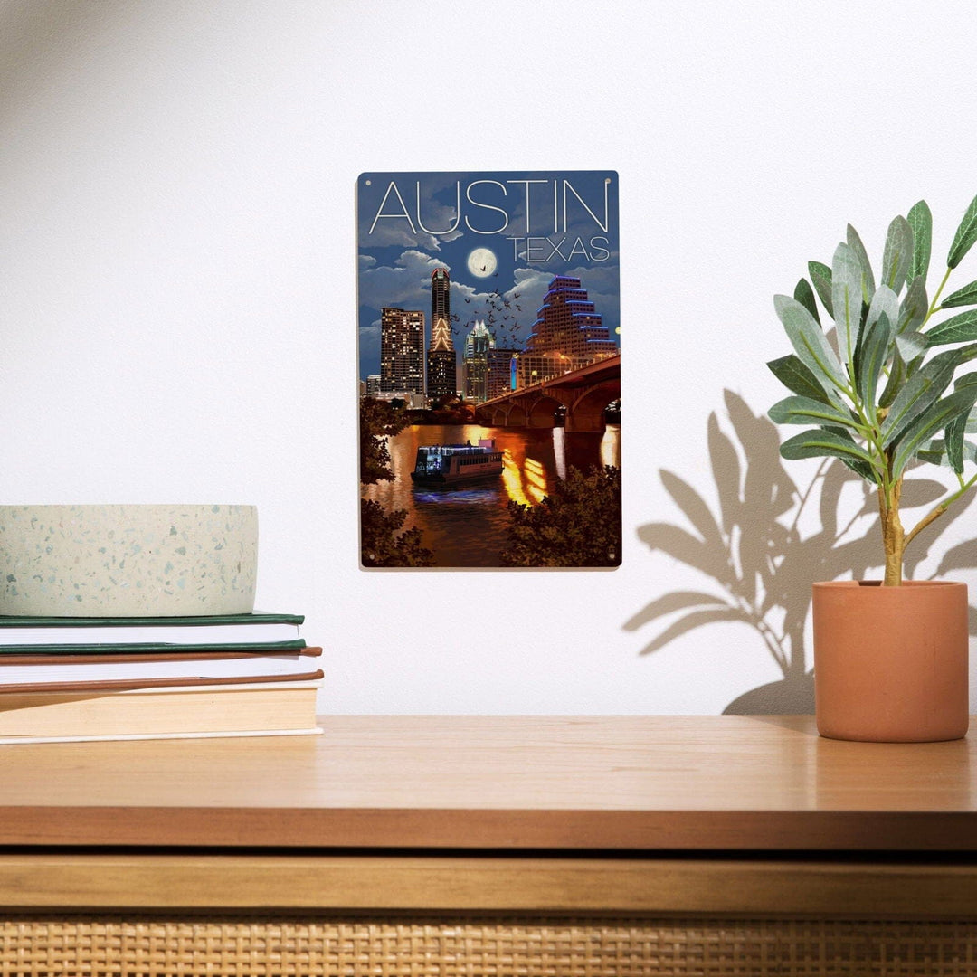 Austin, Texas, Skyline at Night, Lantern Press Artwork, Wood Signs and Postcards Wood Lantern Press 