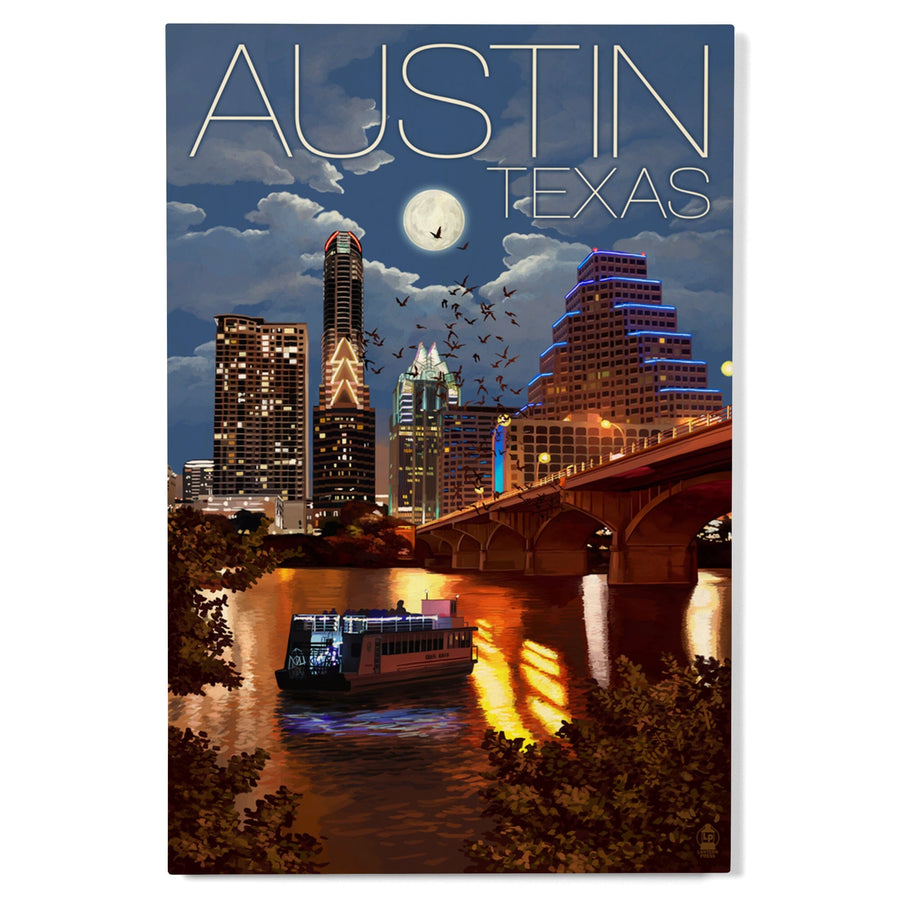 Austin, Texas, Skyline at Night, Lantern Press Artwork, Wood Signs and Postcards Wood Lantern Press 