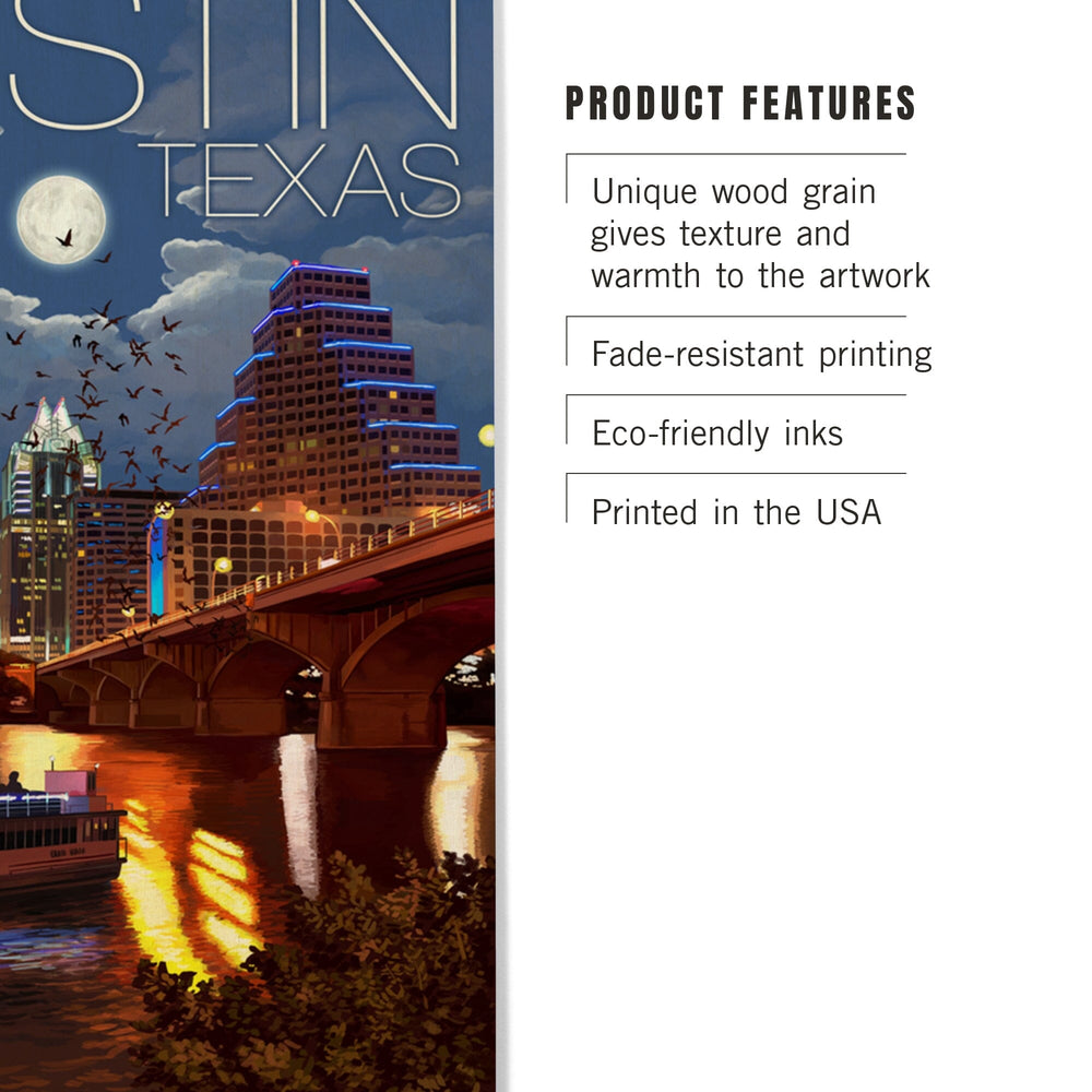 Austin, Texas, Skyline at Night, Lantern Press Artwork, Wood Signs and Postcards Wood Lantern Press 