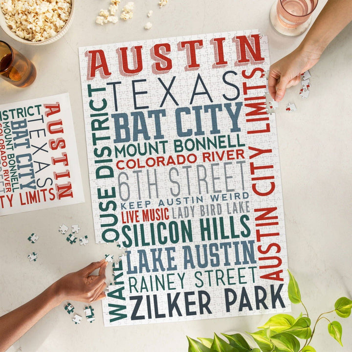 Austin, Texas, Typography, Jigsaw Puzzle Puzzle Lantern Press 