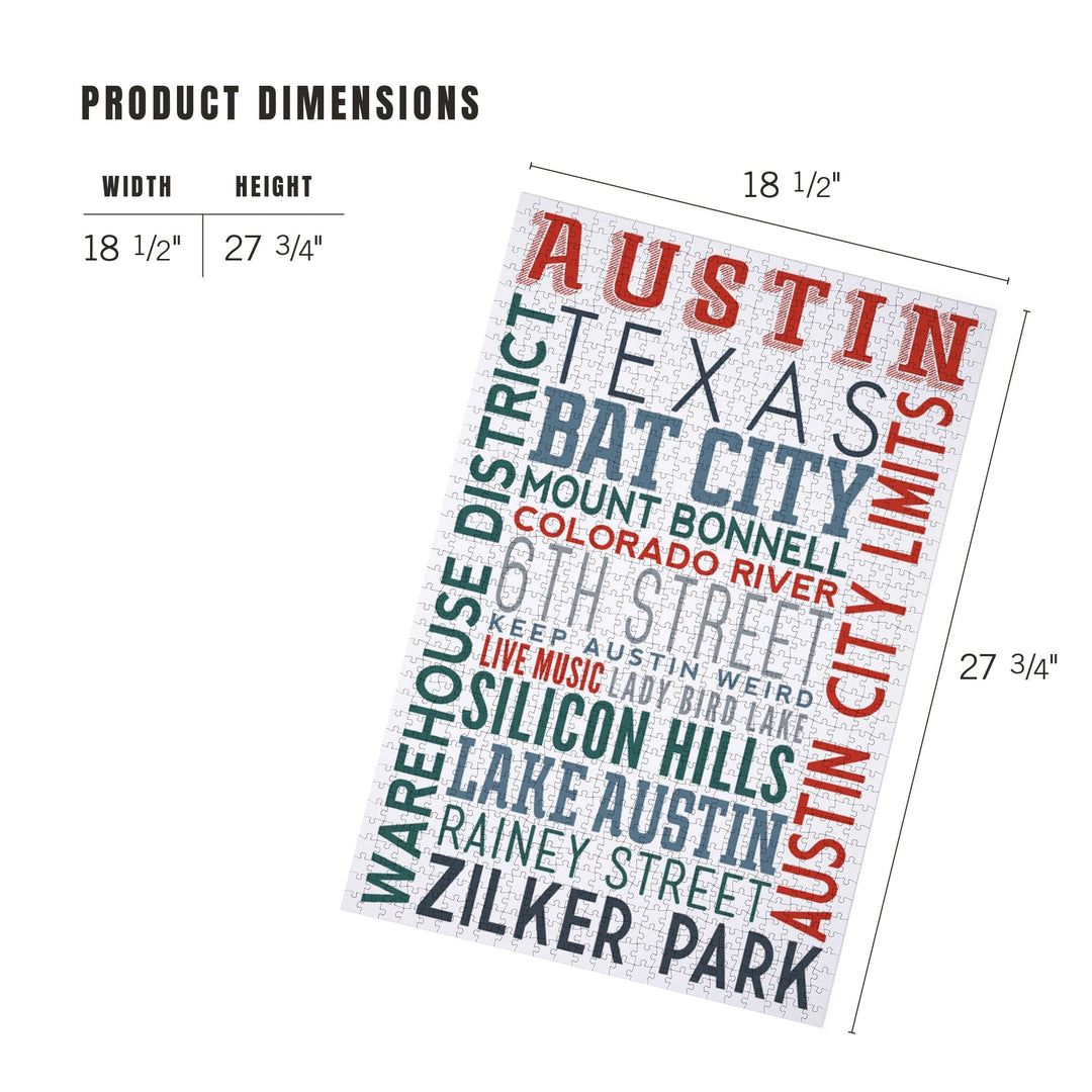Austin, Texas, Typography, Jigsaw Puzzle Puzzle Lantern Press 
