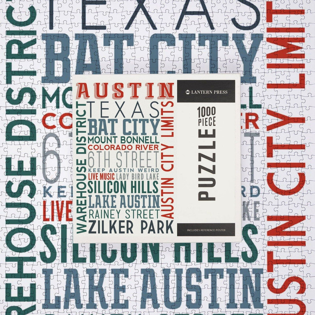 Austin, Texas, Typography, Jigsaw Puzzle Puzzle Lantern Press 