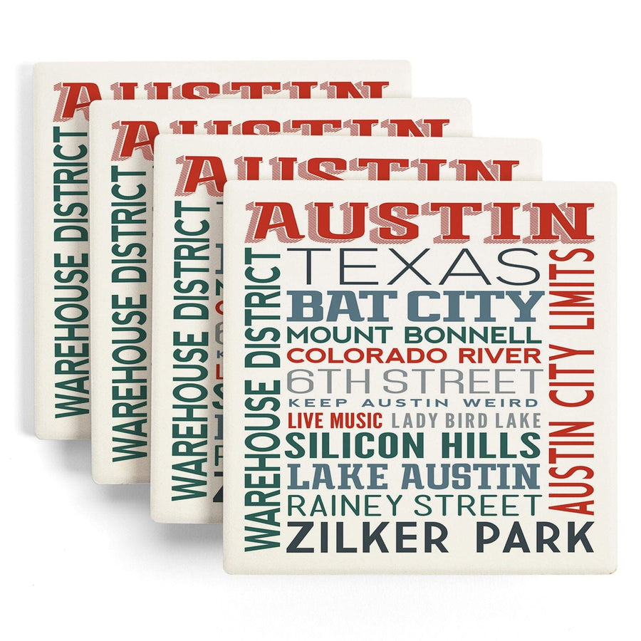 Austin, Texas, Typography, Lantern Press Artwork, Coaster Set Coasters Lantern Press 