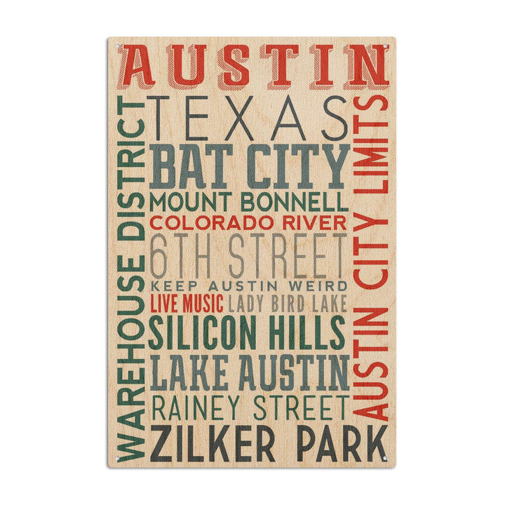 Austin, Texas, Typography, Lantern Press Artwork, Wood Signs and Postcards Wood Lantern Press 10 x 15 Wood Sign 