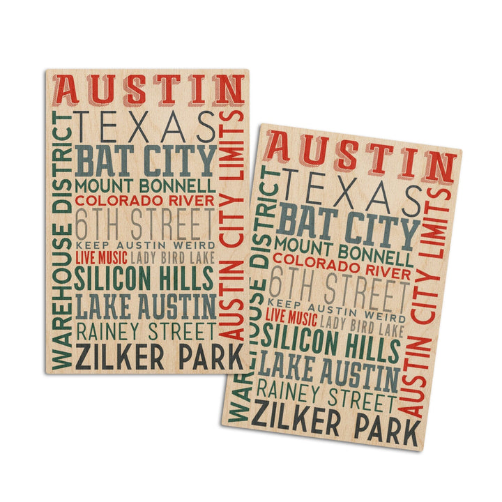 Austin, Texas, Typography, Lantern Press Artwork, Wood Signs and Postcards Wood Lantern Press 4x6 Wood Postcard Set 