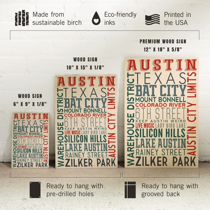 Austin, Texas, Typography, Lantern Press Artwork, Wood Signs and Postcards Wood Lantern Press 