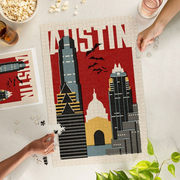 Austin, Texas, Woodblock, Jigsaw Puzzle Puzzle Lantern Press 