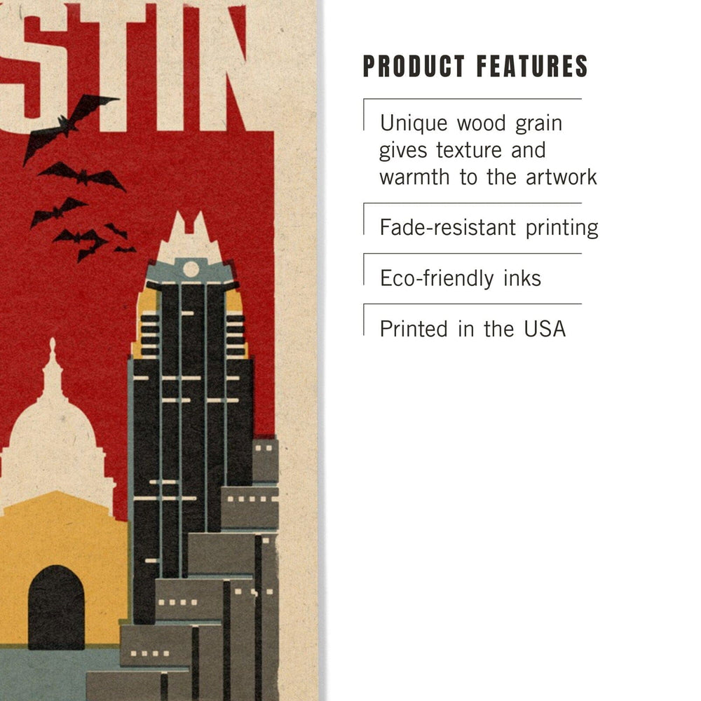 Austin, Texas, Woodblock, Lantern Press Artwork, Wood Signs and Postcards Wood Lantern Press 