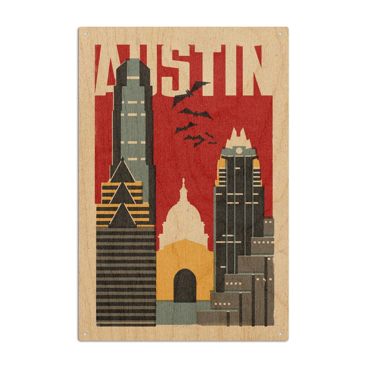 Austin, Texas, Woodblock, Lantern Press Artwork, Wood Signs and Postcards Wood Lantern Press 6x9 Wood Sign 