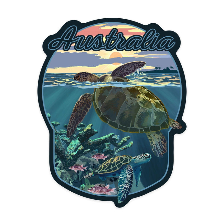 Australia, Loggerhead Sea Turtle and Sunset, Contour, Vinyl Sticker Sticker Lantern Press 