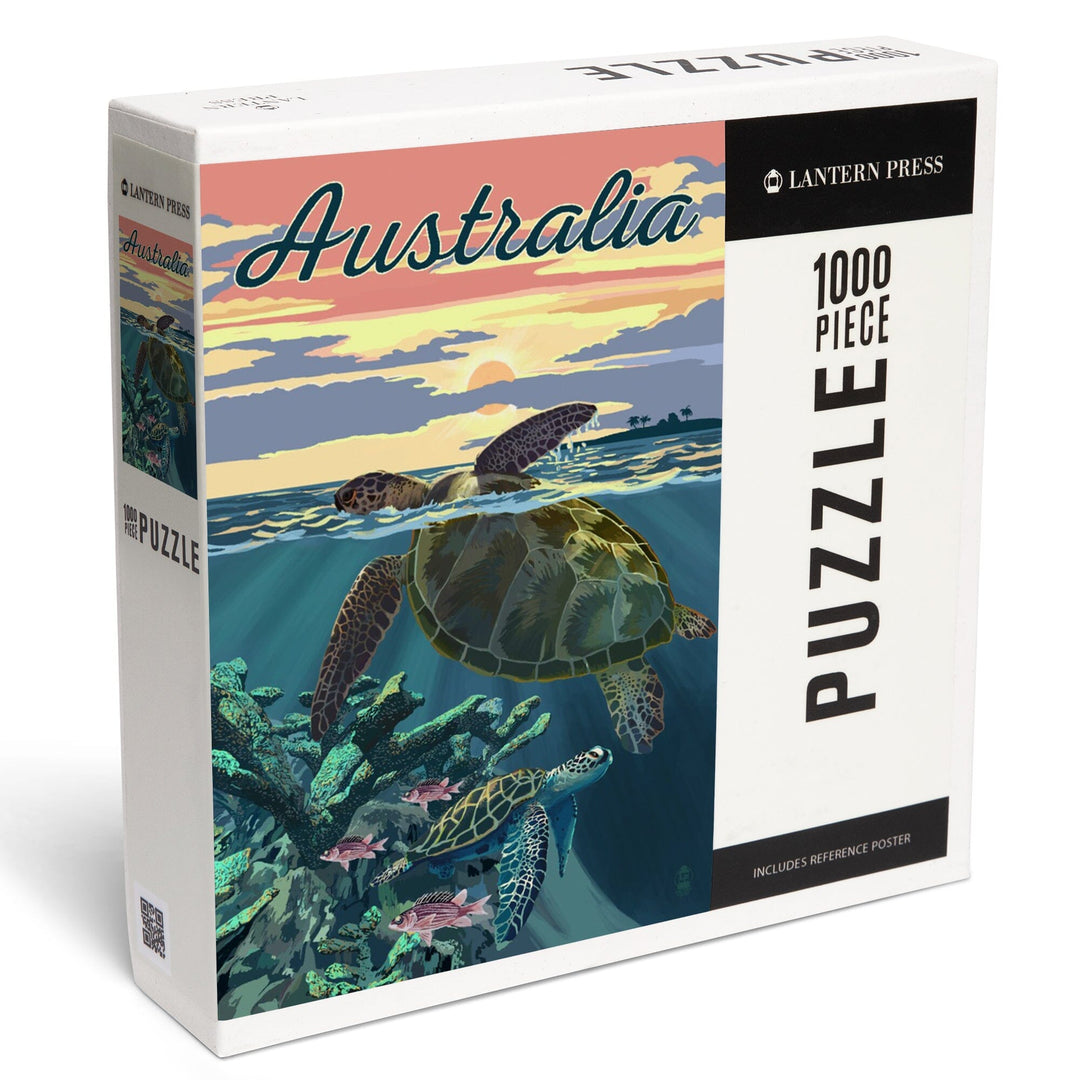 Australia, Loggerhead Sea Turtle and Sunset, Jigsaw Puzzle Puzzle Lantern Press 