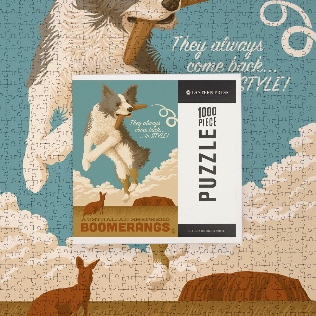 Australian Shepherd, Retro Boomerang Ad, Jigsaw Puzzle Puzzle Lantern Press 