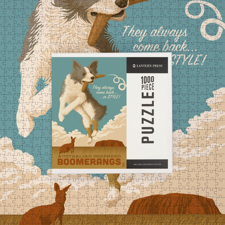 Australian Shepherd, Retro Boomerang Ad, Jigsaw Puzzle Puzzle Lantern Press 