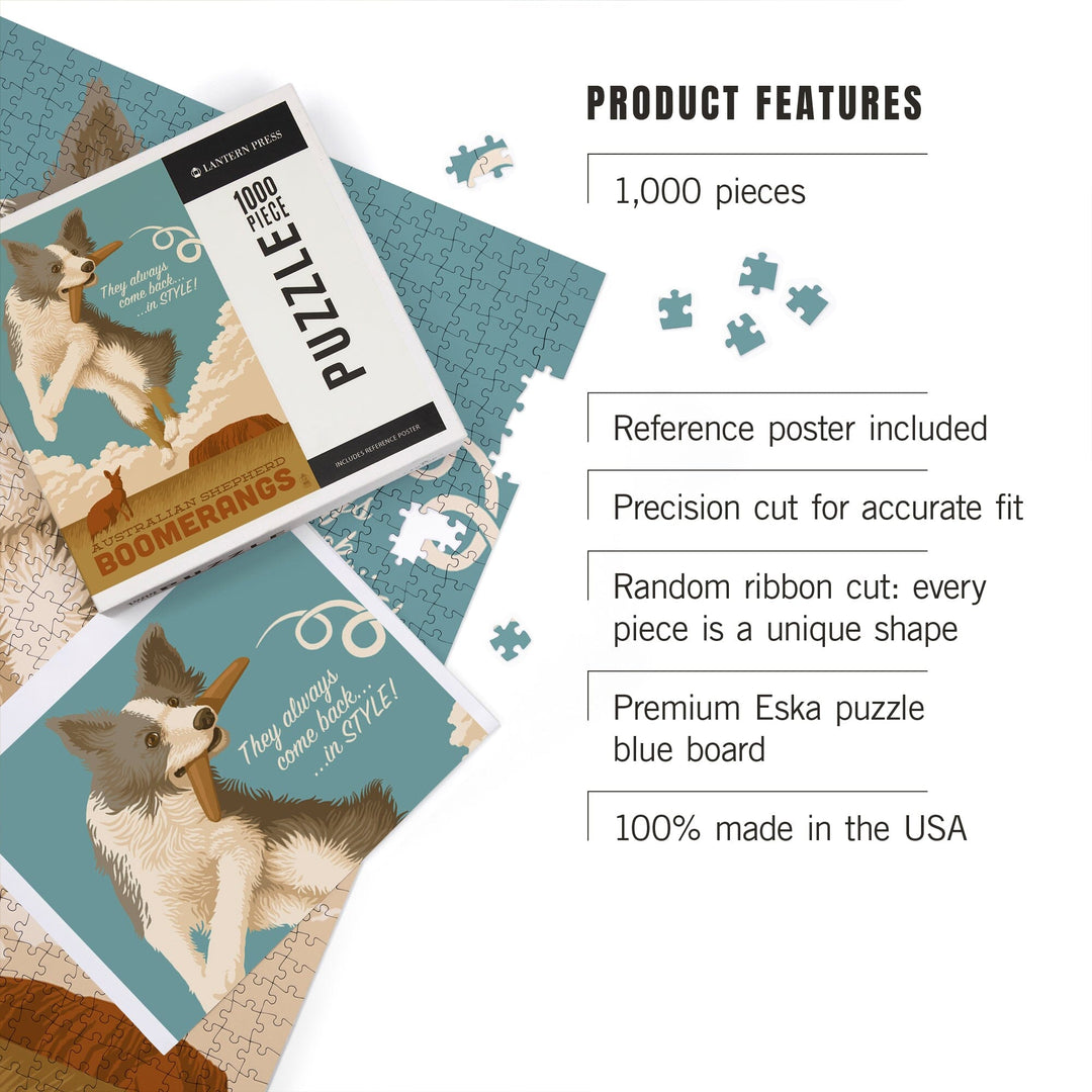 Australian Shepherd, Retro Boomerang Ad, Jigsaw Puzzle Puzzle Lantern Press 