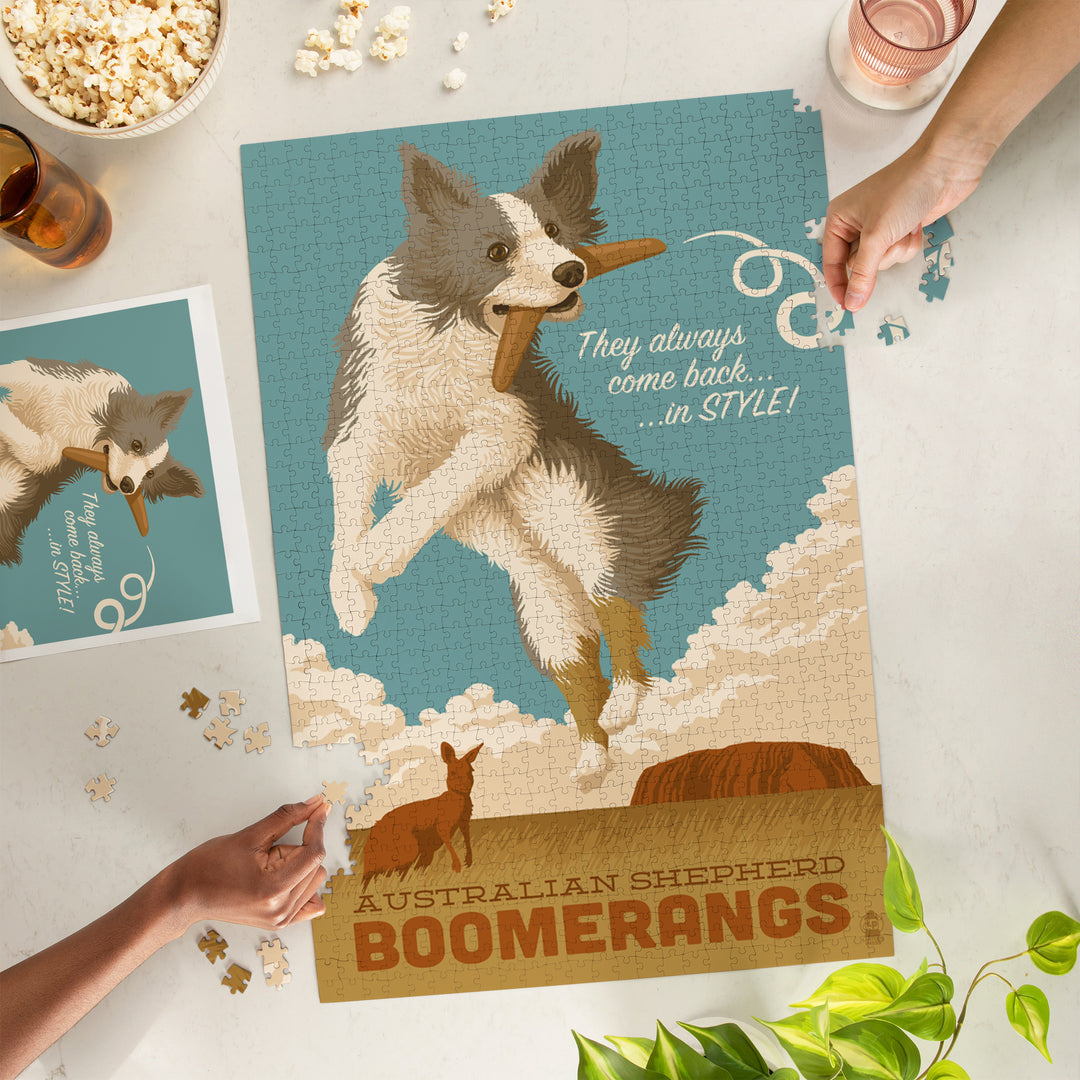 Australian Shepherd, Retro Boomerang Ad, Jigsaw Puzzle Puzzle Lantern Press 