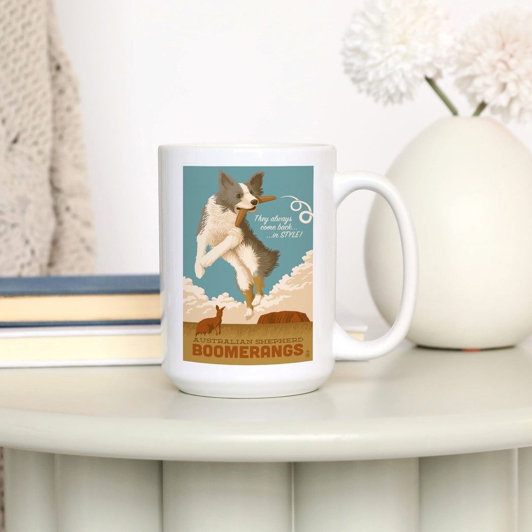 Australian Shepherd, Retro Boomerang Ad, Lantern Press Artwork, Ceramic Mug Mugs Lantern Press 