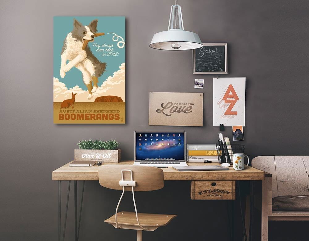 Australian Shepherd, Retro Boomerang Ad, Lantern Press Artwork, Stretched Canvas Canvas Lantern Press 