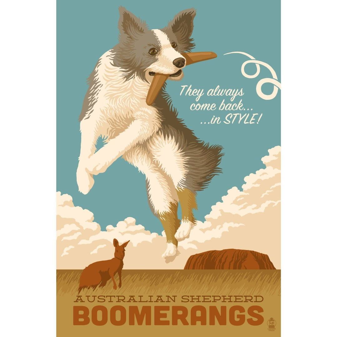 Australian Shepherd, Retro Boomerang Ad, Lantern Press Artwork, Stretched Canvas Canvas Lantern Press 