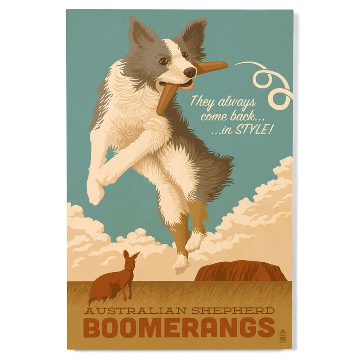 Australian Shepherd, Retro Boomerang Ad, Lantern Press Artwork, Wood Signs and Postcards Wood Lantern Press 