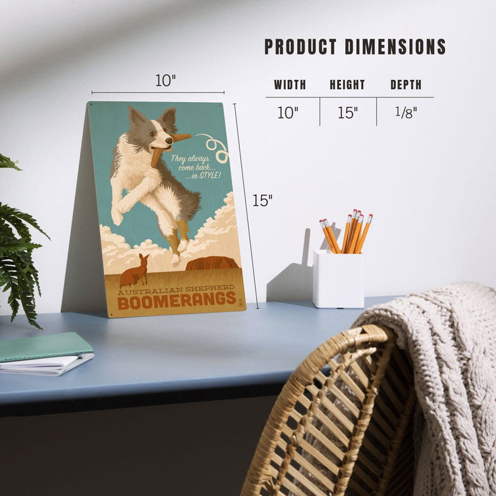 Australian Shepherd, Retro Boomerang Ad, Lantern Press Artwork, Wood Signs and Postcards Wood Lantern Press 