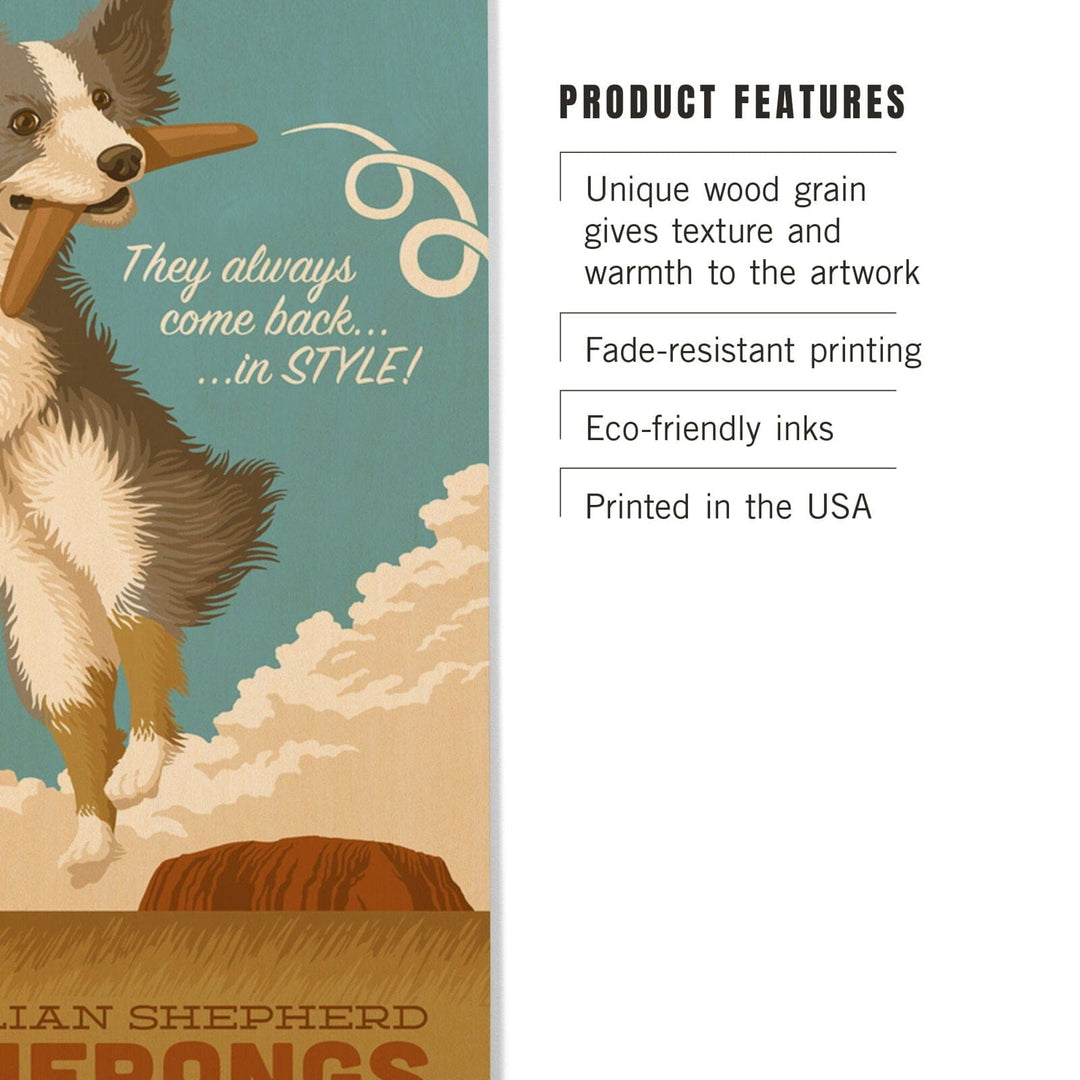 Australian Shepherd, Retro Boomerang Ad, Lantern Press Artwork, Wood Signs and Postcards Wood Lantern Press 