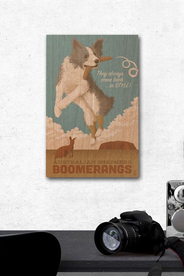 Australian Shepherd, Retro Boomerang Ad, Lantern Press Artwork, Wood Signs and Postcards Wood Lantern Press 