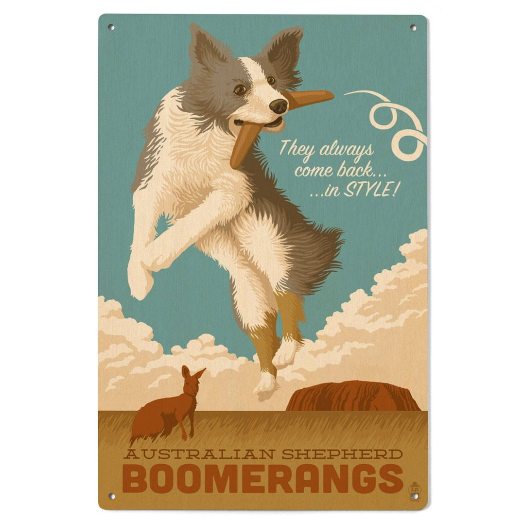 Australian Shepherd, Retro Boomerang Ad, Lantern Press Artwork, Wood Signs and Postcards Wood Lantern Press 