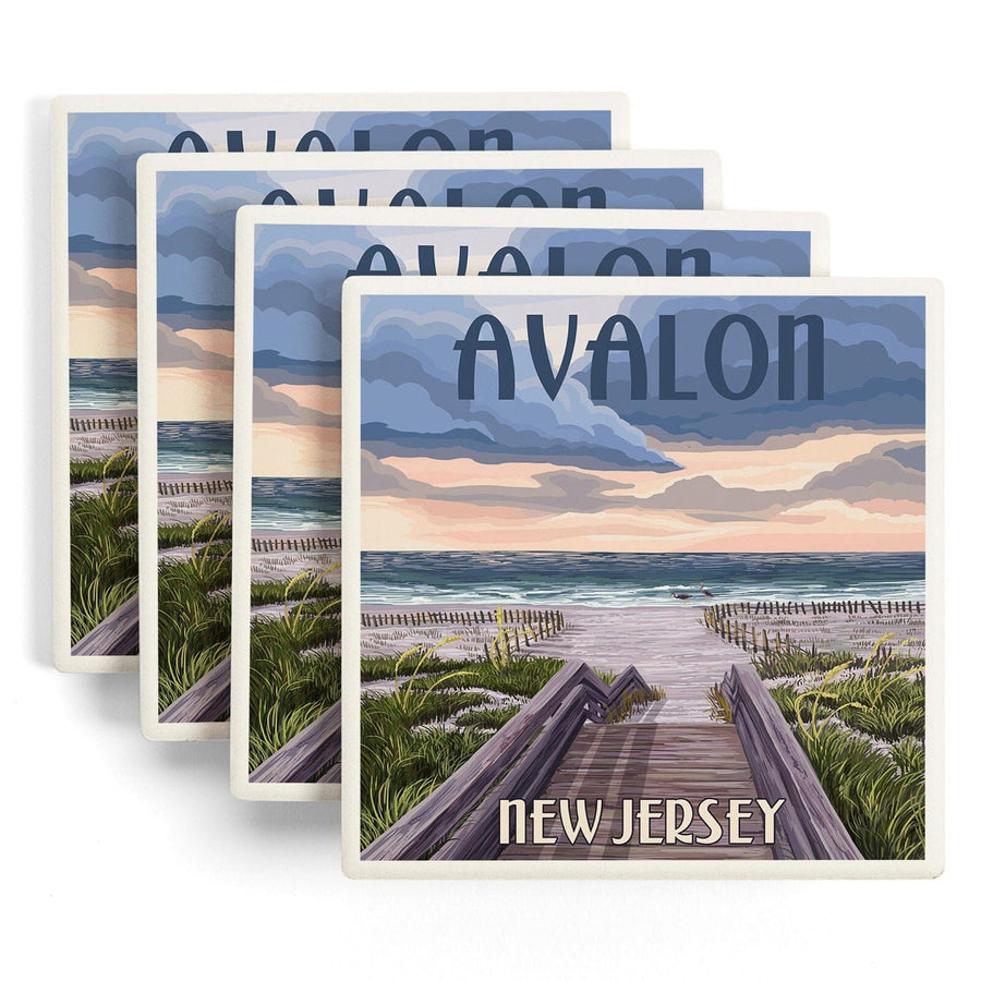 Avalon, New Jersey, Beach Boardwalk Scene, Lantern Press Artwork, Coaster Set Coasters Lantern Press 