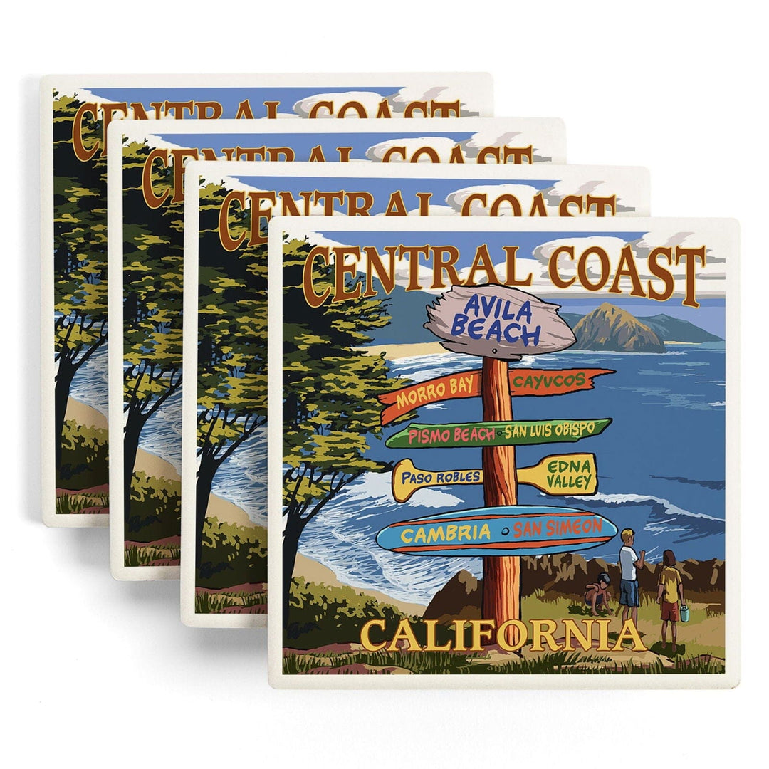 Avila Beach, California, Destination Signpost, Lantern Press Artwork, Coaster Set Coasters Lantern Press 