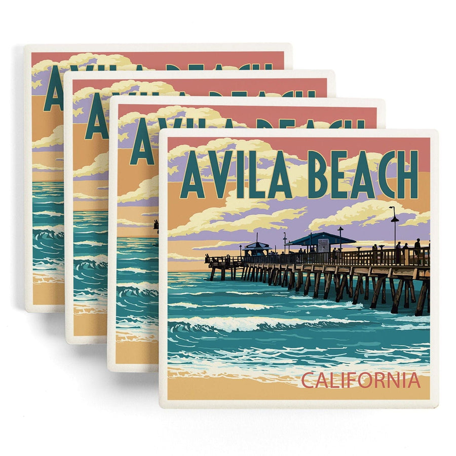 Avila Beach, California, Pier Sunset, Lantern Press Artwork, Coaster Set Coasters Lantern Press 