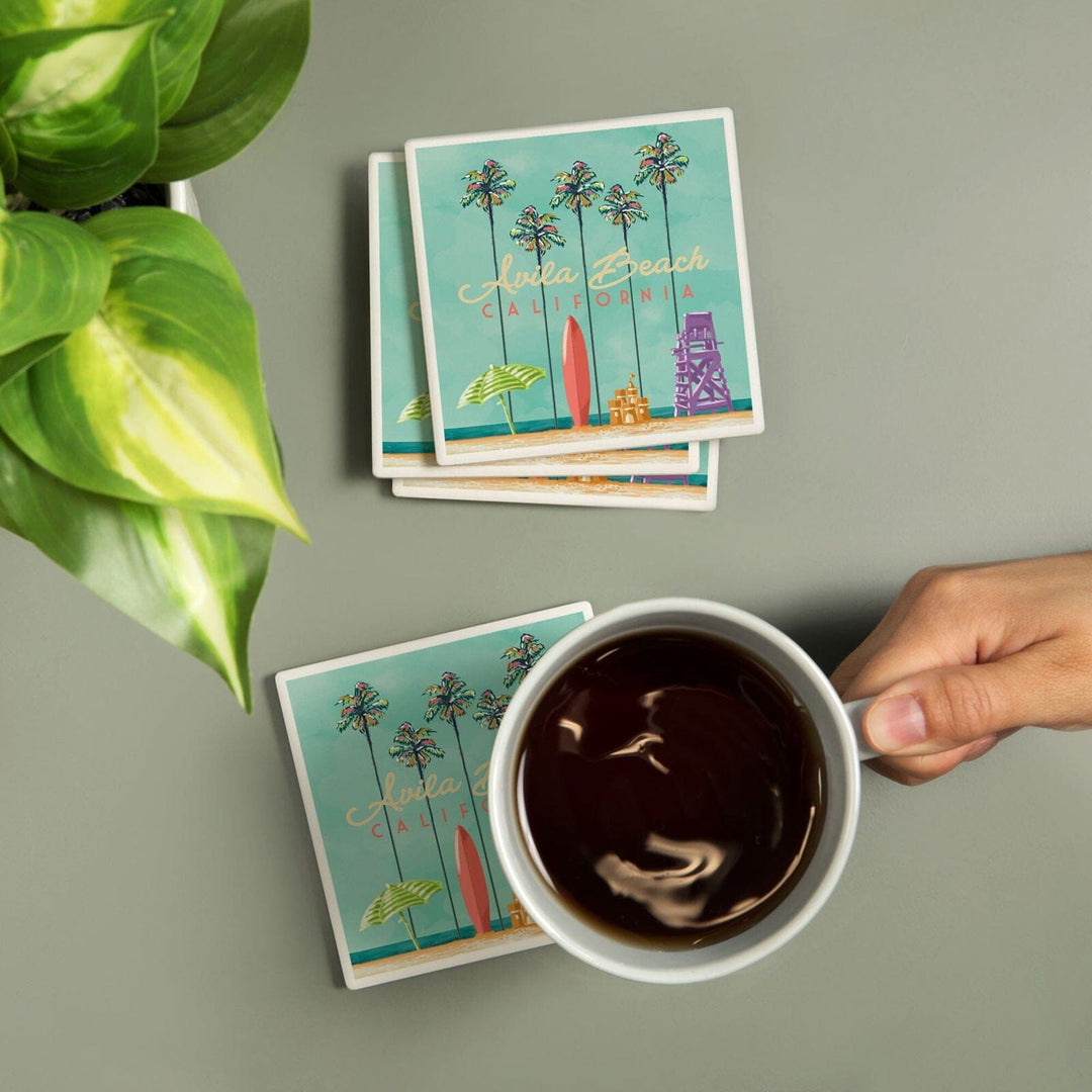 Avila Beach, California, Tall Palms Beach Scene, Lantern Press Artwork, Coaster Set Coasters Lantern Press 