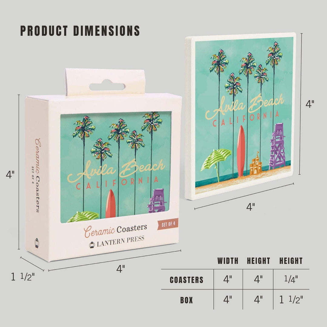 Avila Beach, California, Tall Palms Beach Scene, Lantern Press Artwork, Coaster Set Coasters Lantern Press 