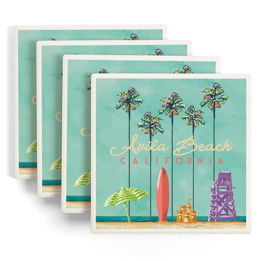 Avila Beach, California, Tall Palms Beach Scene, Lantern Press Artwork, Coaster Set Coasters Lantern Press 