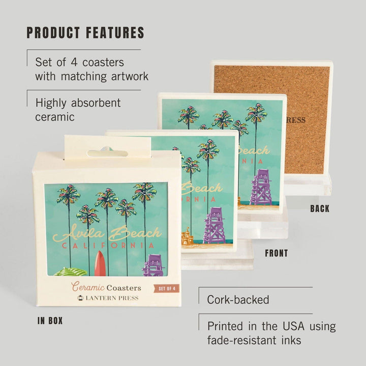 Avila Beach, California, Tall Palms Beach Scene, Lantern Press Artwork, Coaster Set Coasters Lantern Press 