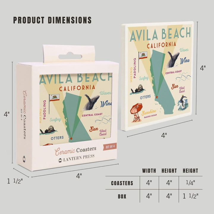 Avila Beach, California, Typography & Icons, Lantern Press Artwork, Coaster Set Coasters Lantern Press 