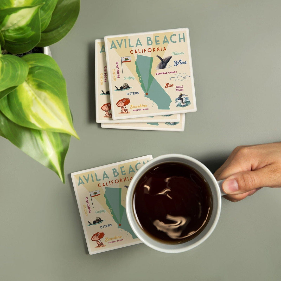 Avila Beach, California, Typography & Icons, Lantern Press Artwork, Coaster Set Coasters Lantern Press 