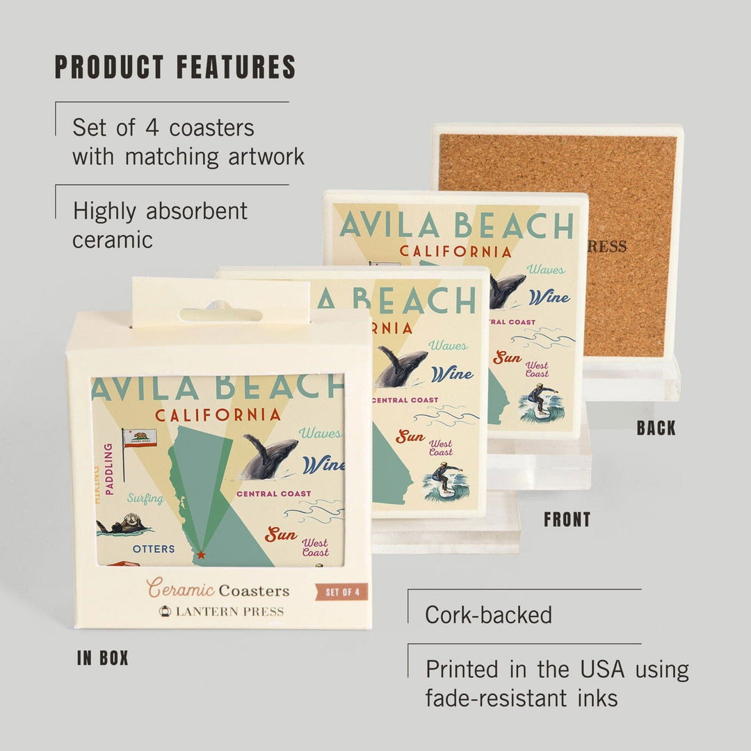 Avila Beach, California, Typography & Icons, Lantern Press Artwork, Coaster Set Coasters Lantern Press 