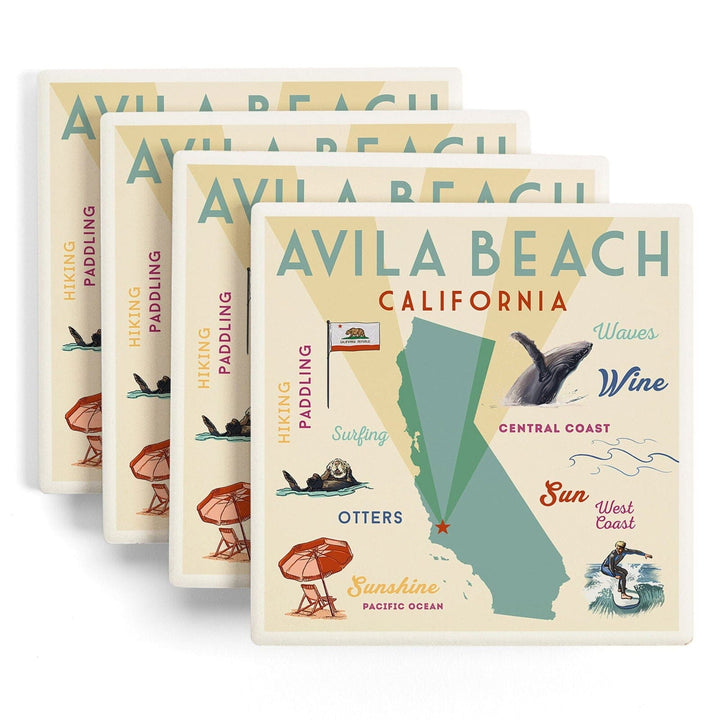 Avila Beach, California, Typography & Icons, Lantern Press Artwork, Coaster Set Coasters Lantern Press 