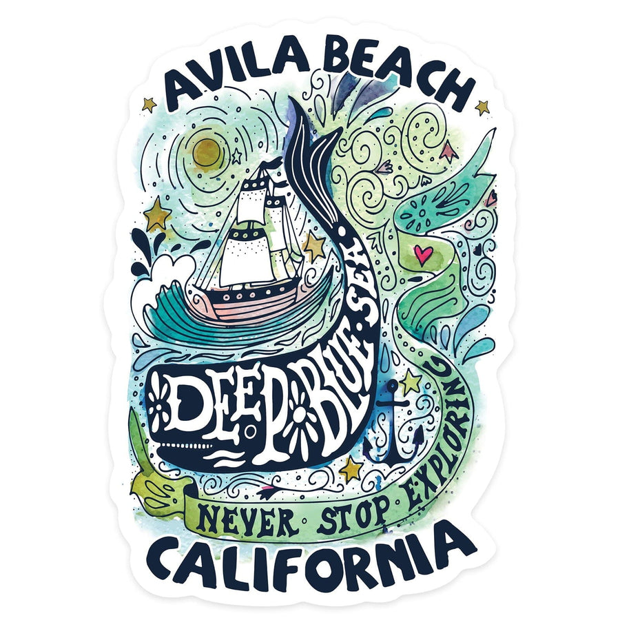 Avila Beach, California, Watercolor Whale, Deep Blue Sea, Contour, Vinyl Sticker Sticker Lantern Press 