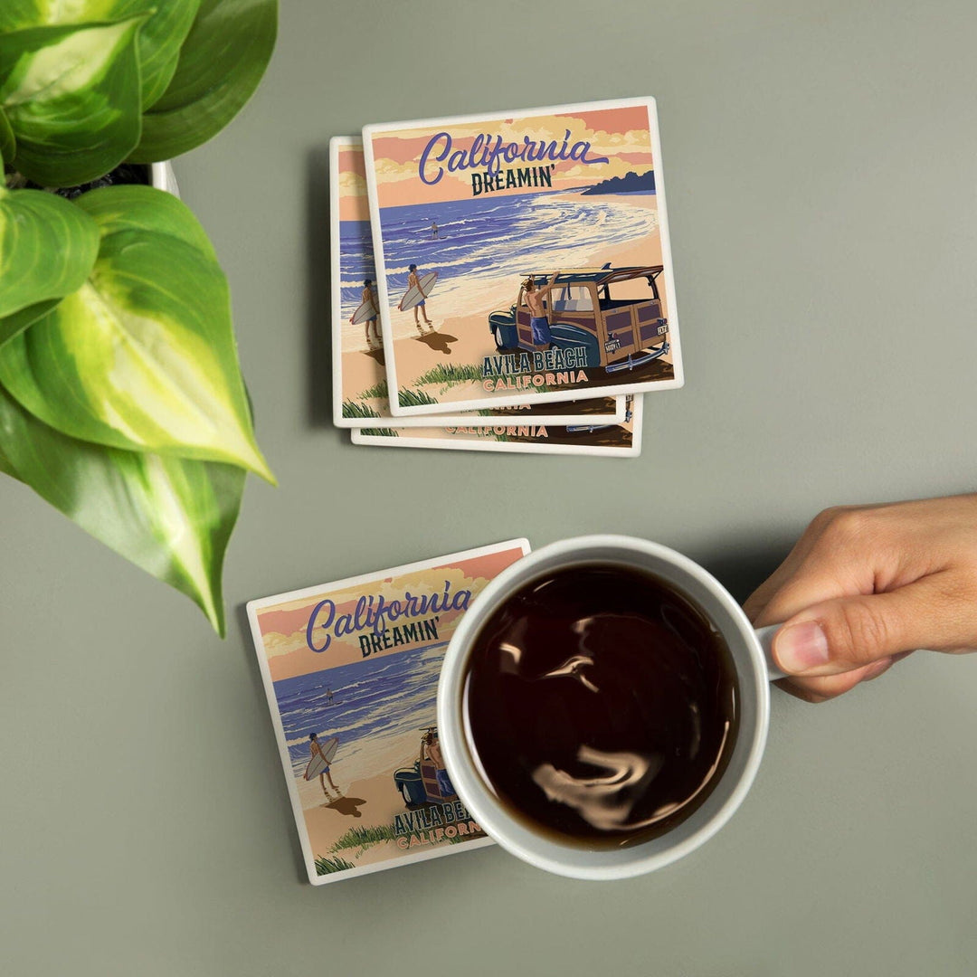 Avila Beach, California, Woody on Beach, California Dreamin, Lantern Press Artwork, Coaster Set Coasters Lantern Press 