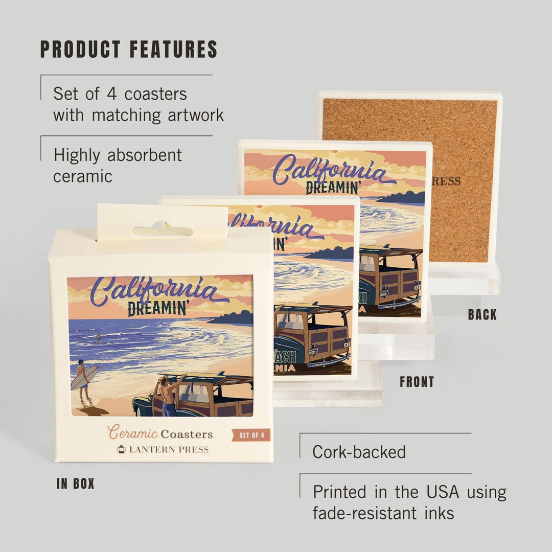 Avila Beach, California, Woody on Beach, California Dreamin, Lantern Press Artwork, Coaster Set Coasters Lantern Press 