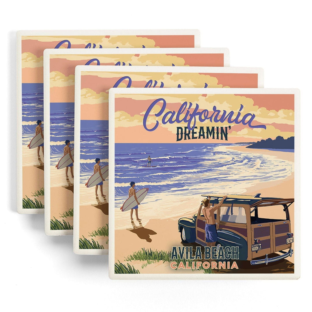 Avila Beach, California, Woody on Beach, California Dreamin, Lantern Press Artwork, Coaster Set Coasters Lantern Press 