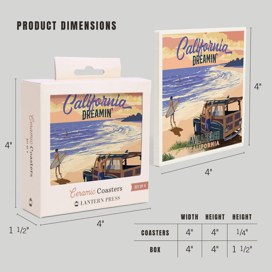 Avila Beach, California, Woody on Beach, California Dreamin, Lantern Press Artwork, Coaster Set Coasters Lantern Press 