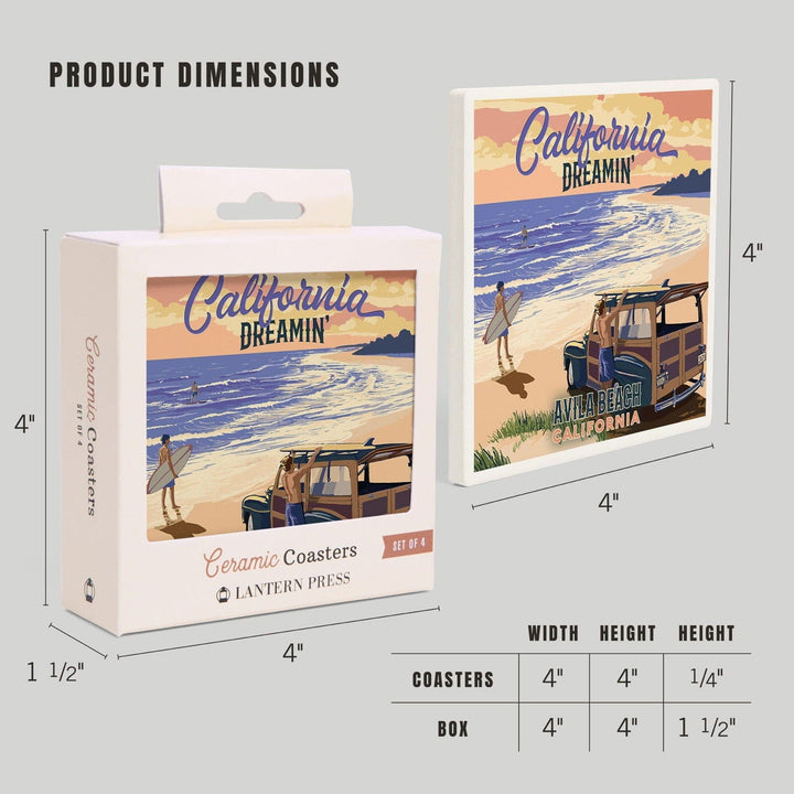 Avila Beach, California, Woody on Beach, California Dreamin, Lantern Press Artwork, Coaster Set Coasters Lantern Press 