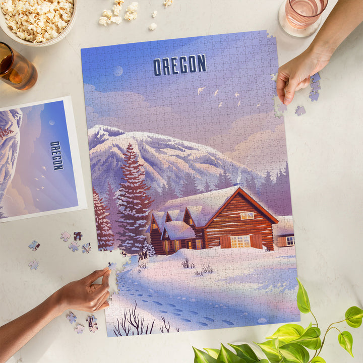 Oregon, Lithograph, Mountain Lodge, Winter Scene, 1000 Piece Jigsaw Puzzle