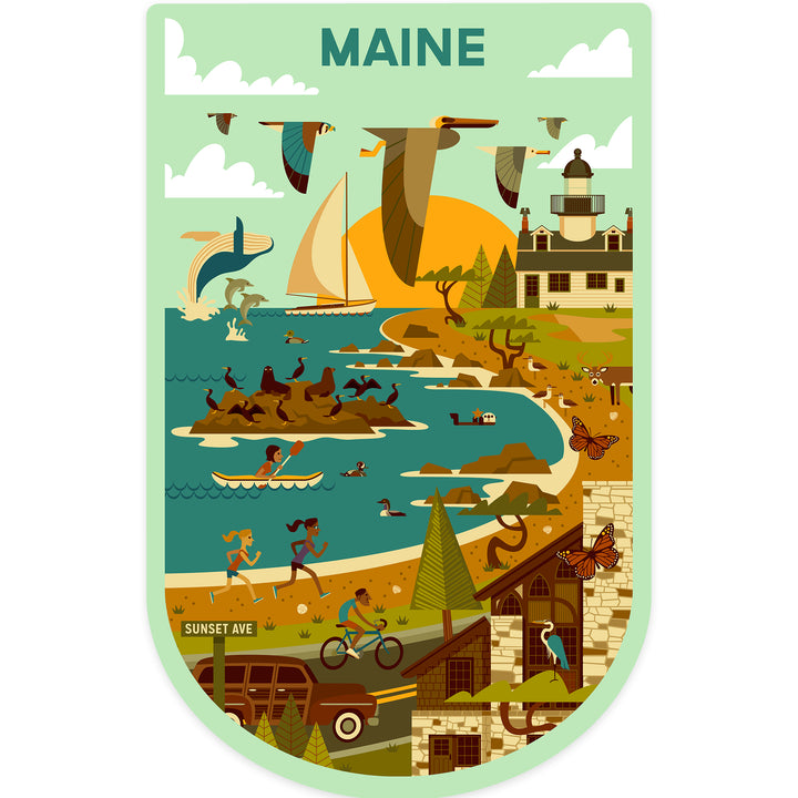 Maine Wildlife, Lighthouse and Coastal Life Illustration, Vinyl Sticker