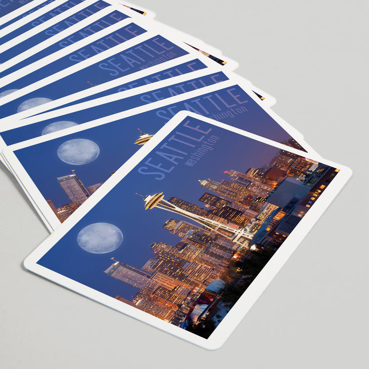 Playing Cards, Seattle, Washington, Skyline and Full Moon, 52 Card Deck with Jokers in Box, Unique Art